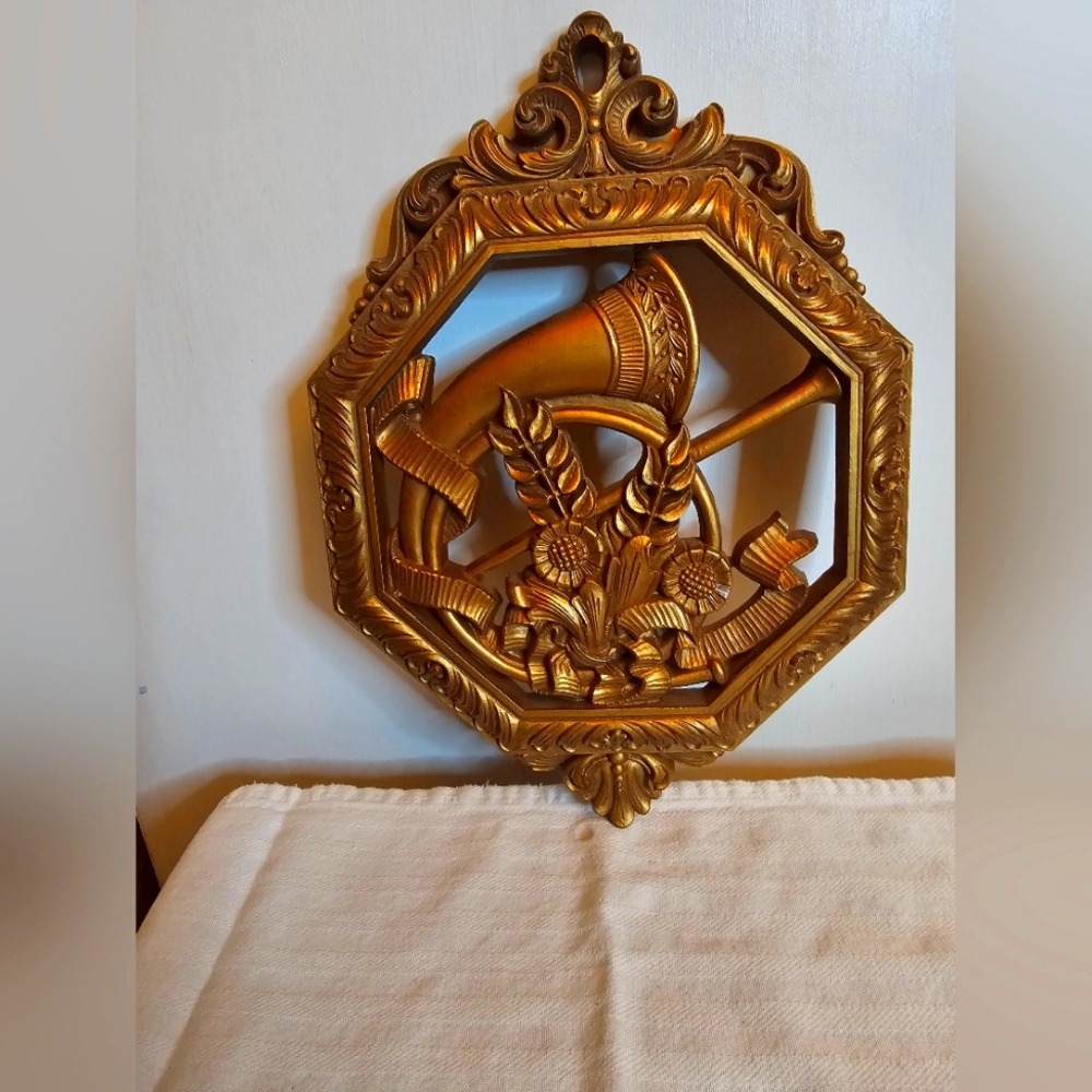Vtg '76 Syroco Homco Horn Wall Plaque Syroco Musical Gold Hollywood Regency MCM